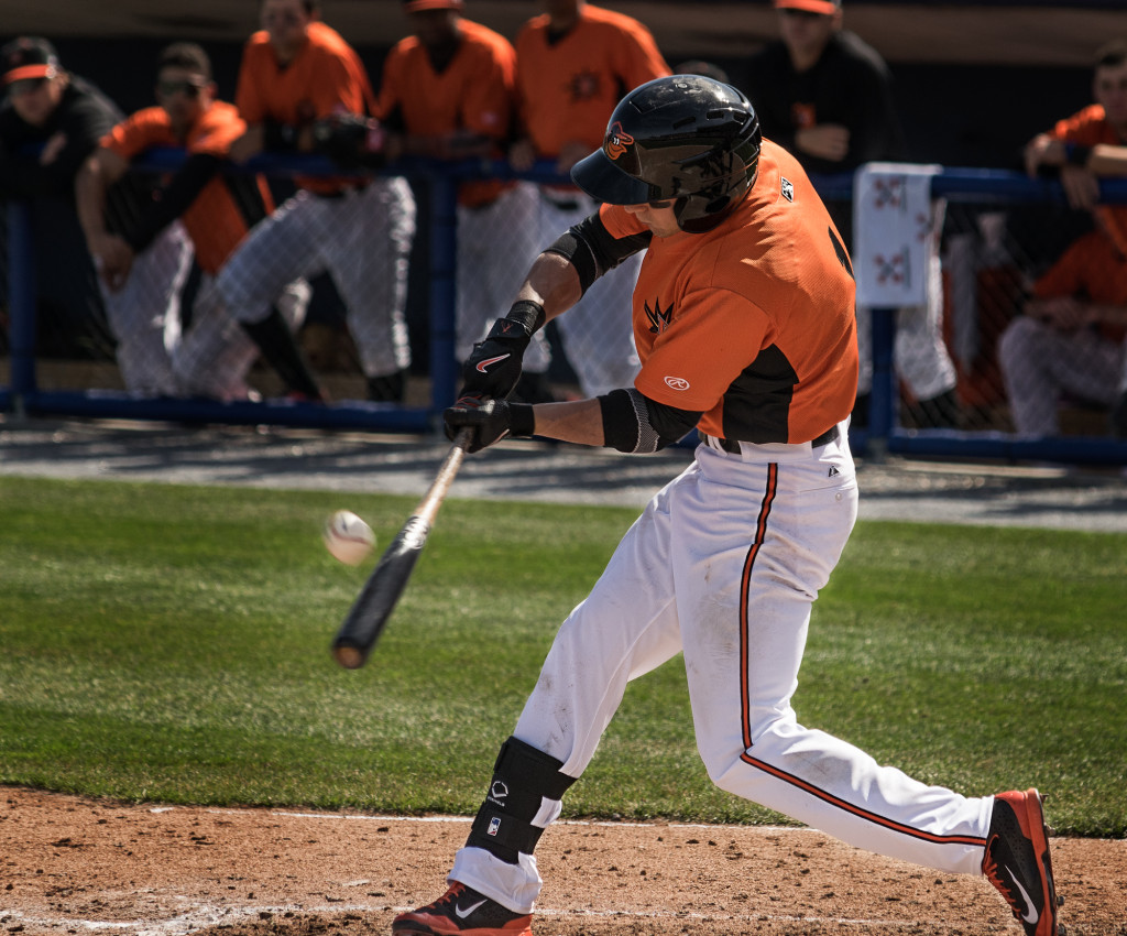 Baltimore Orioles Left Fielder David Lough makes contact with a pitch during a rehab assignment in Frederick, MD.