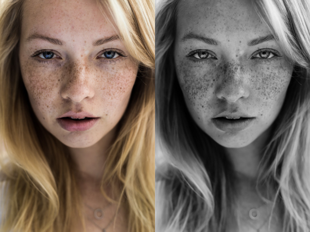 Model & makeup artist Emma. The color image emphasizes Emma's blue eyes. In comparison, the textures of Emma's hair, skin and eyelashes are much more apparent in the black and white version.