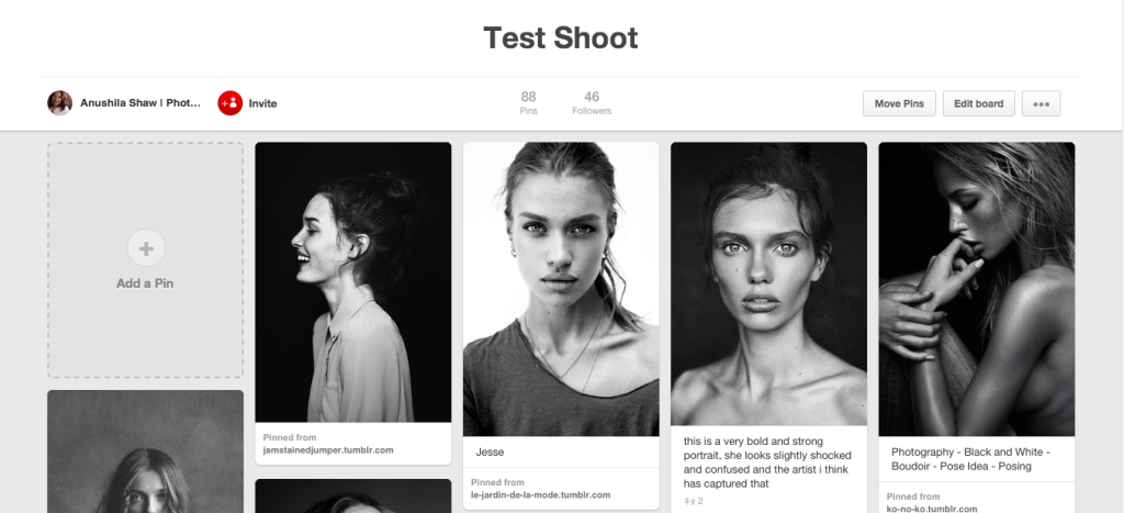 My Test Shoot mood board on Pinterest. This is a great resource for styling ideas, poses, lighting patterns and much more. Connect with me on Pinterest to see the rest! 